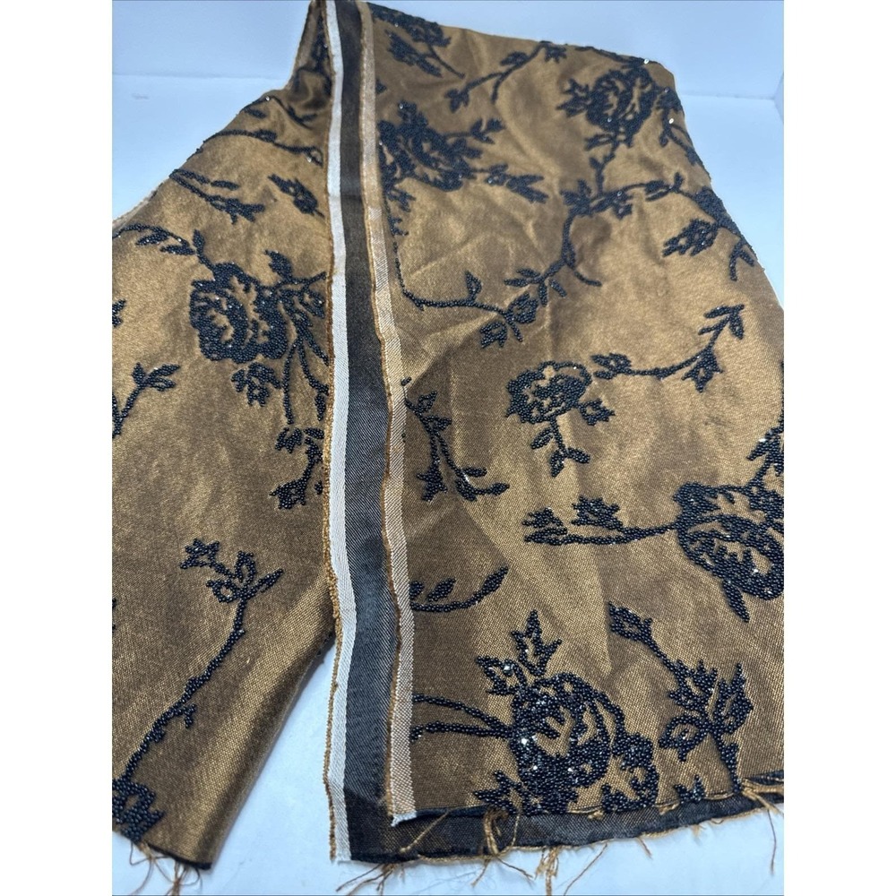 Bronze Metallic Black Beaded Floral Fabric Remnant Evening Textile Botanical